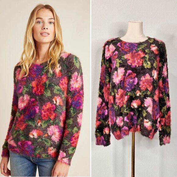 Anthropologie Ariel Fuzzy Eyelash Floral Sweater Sz M Cottagecore Boho - Picture 1 of 12